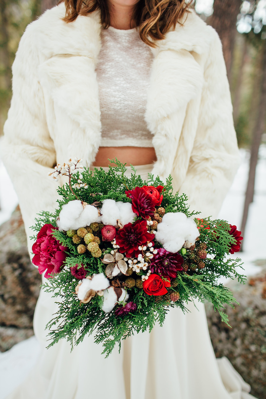 Winter Bridal Bouquet with Roses and Cotton