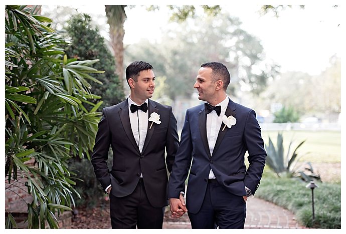 navy and black complementary gay wedding suits