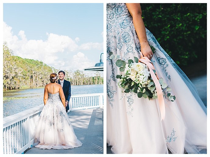 strapless blue floral wedding dress