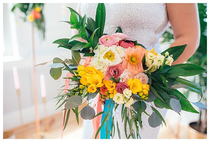 coral and yellow wedding bouquet