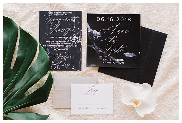 marble engagement party stationery