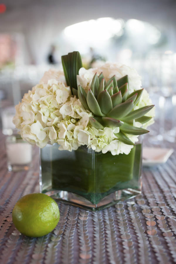 hydrangea and succulent centerpiece