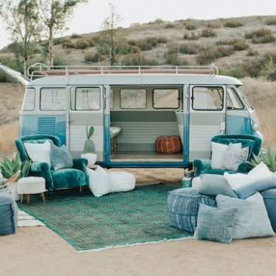 turquoise wedding lounge with vintage vw bus