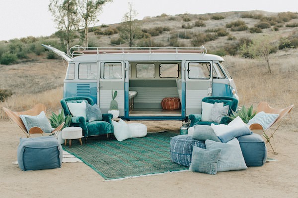 turquoise wedding lounge with vintage vw bus