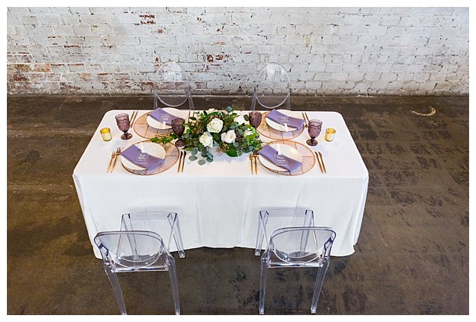 copper and purple tablescape