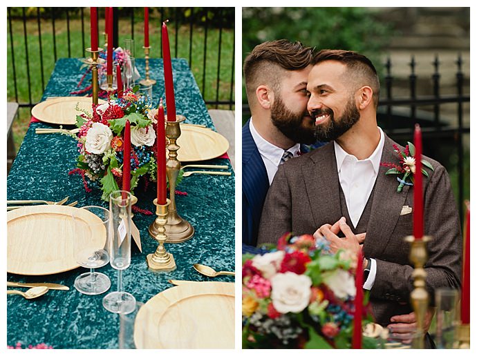 red and blue wedding table decor