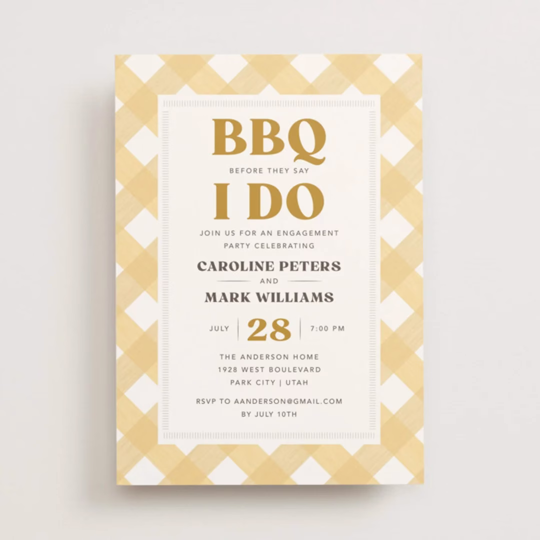 backyard bbq engagement party invitation minted - Engagement Party Invitations: What to Know, Plus Our Editor Picks Plaid engagement party invitation for an informal backyard BBQ celebration from Minted