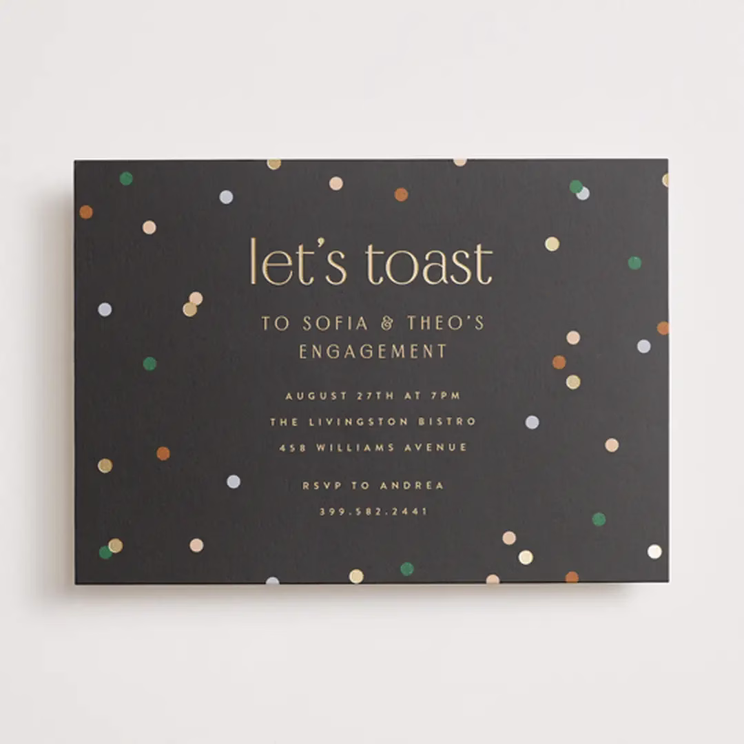 foil pressed confetti engagement party invitation minted - Engagement Party Invitations: What to Know, Plus Our Editor Picks Foil-pressed engagement party invitation with confetti design from Minted