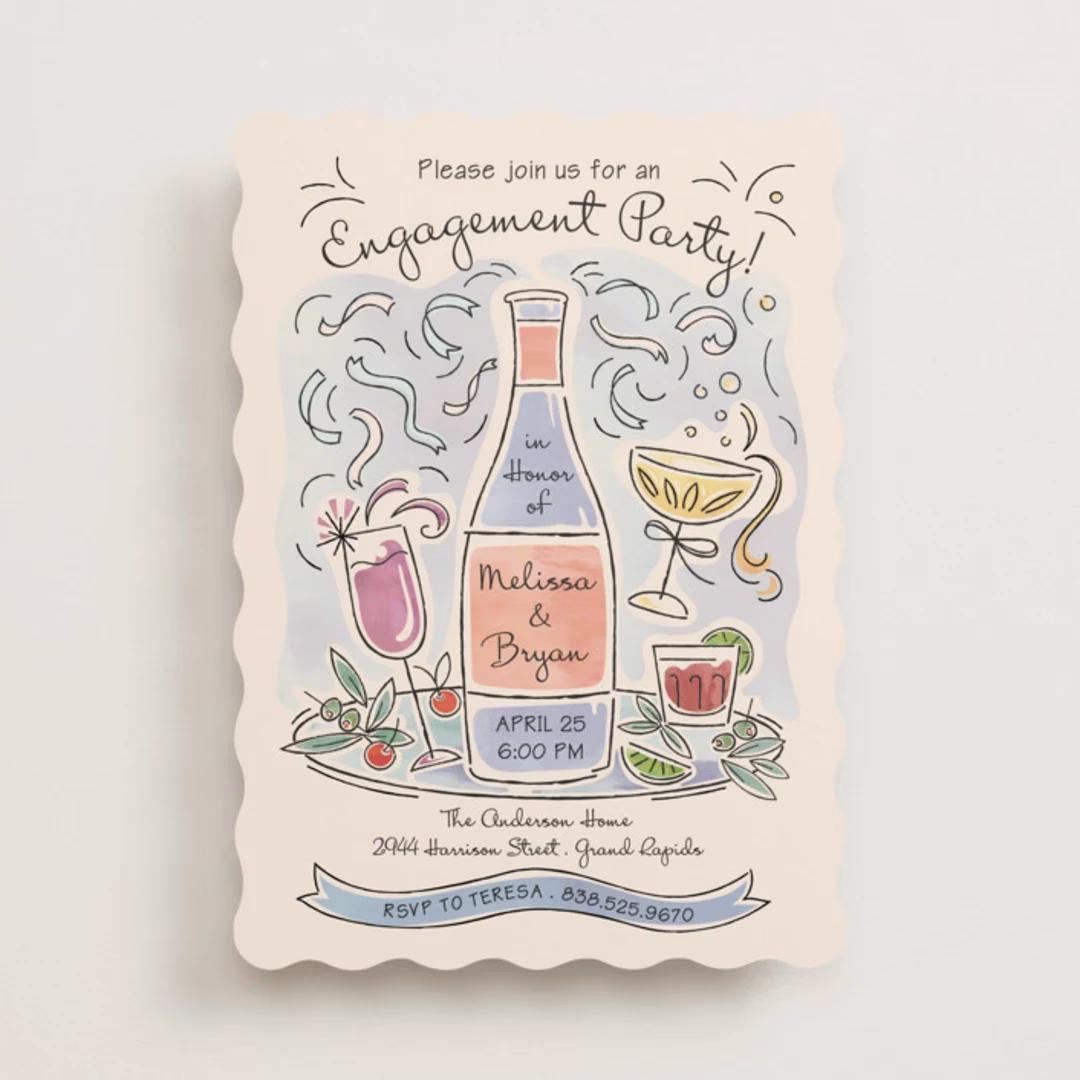whimsical illustration engagement party invitation minted - Engagement Party Invitations: What to Know, Plus Our Editor Picks Whimsical illustrated engagement party invitation with cocktail glasses from Minted