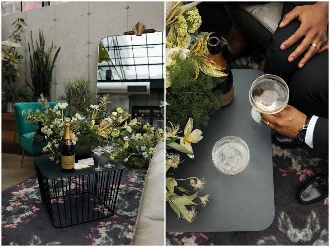 Champagne bottles and glasses on modern table