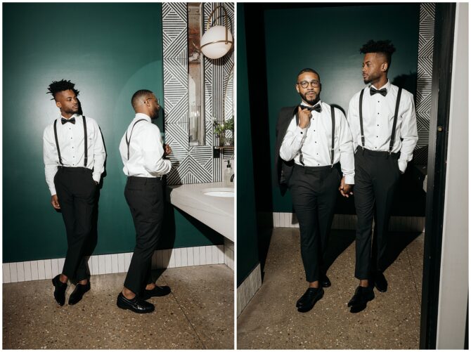 Two men in formal attire in elegant restroom