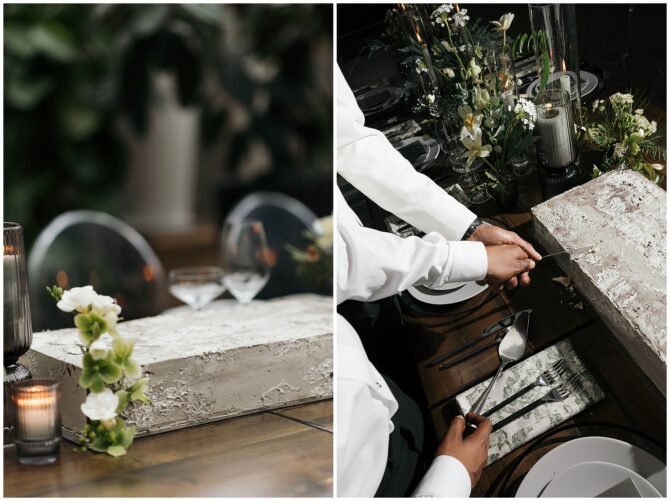 Elegant table setting with cake being cut.