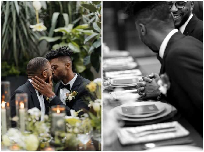 Two men kissing at a wedding ceremony.
