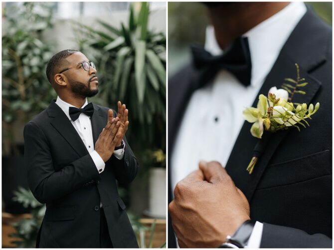 Man in tuxedo with boutonnière, looking thoughtful.