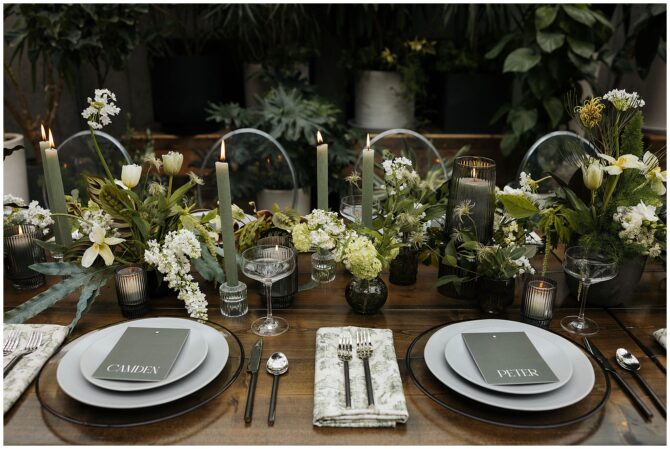 Elegant table setting with candles and flowers.
