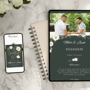 Wedding invitation on tablet and phone with coffee.