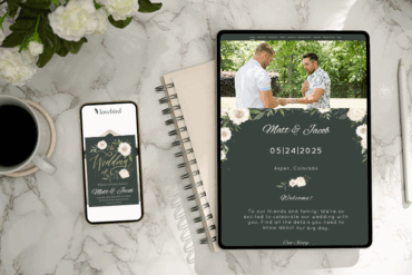 Wedding invitation on tablet and phone with coffee.