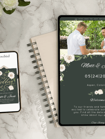 Wedding invitation on tablet and phone with coffee.