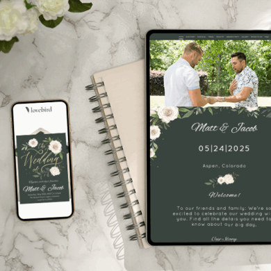Wedding invitation on tablet and phone with coffee.