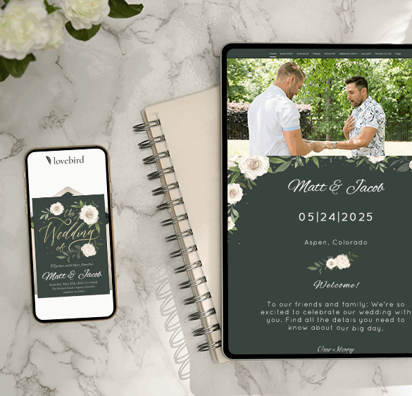 Wedding invitation on tablet and phone with coffee.