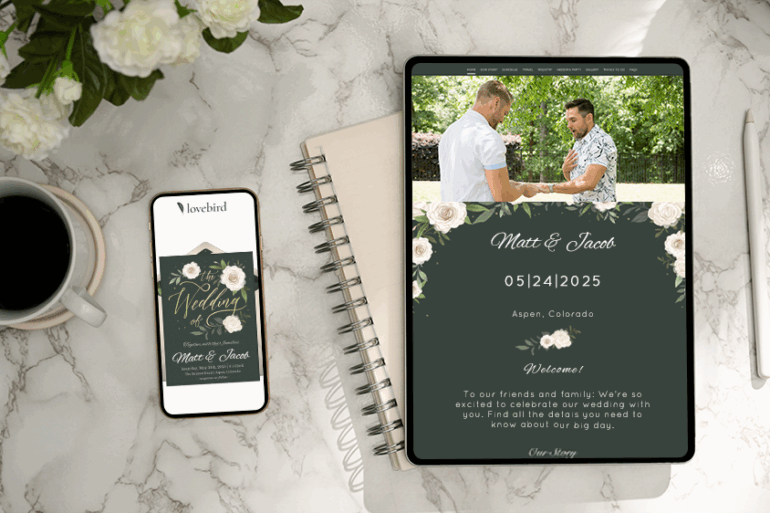 Wedding invitation on tablet and phone with coffee.