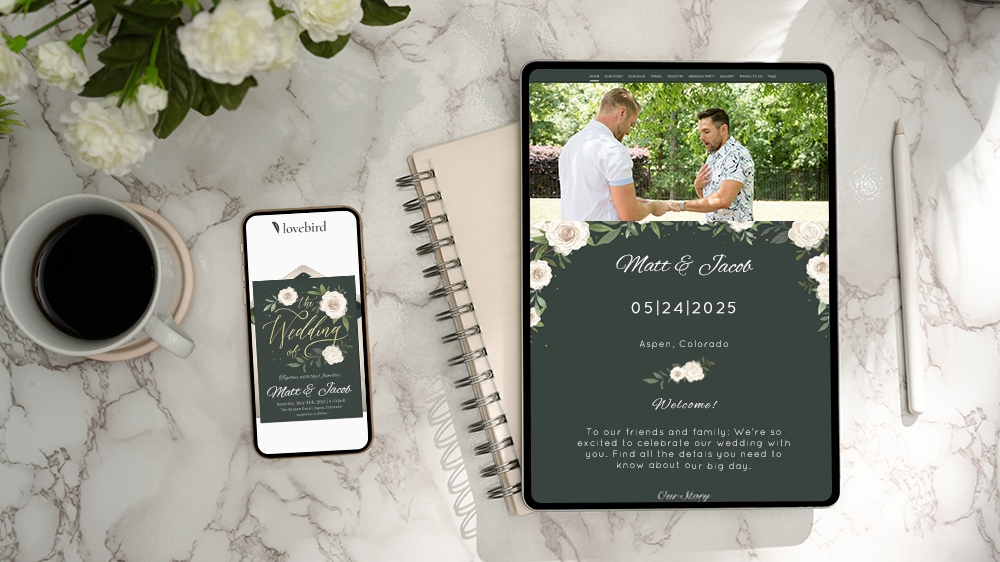 Wedding invitation on tablet and phone with coffee.