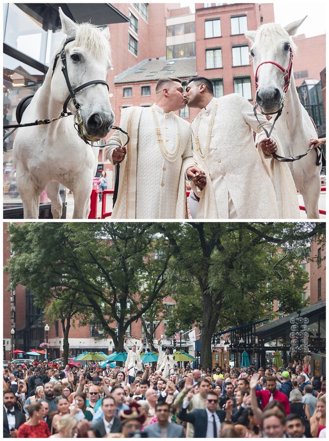Wedding ceremony with couple, horses, and large crowd.