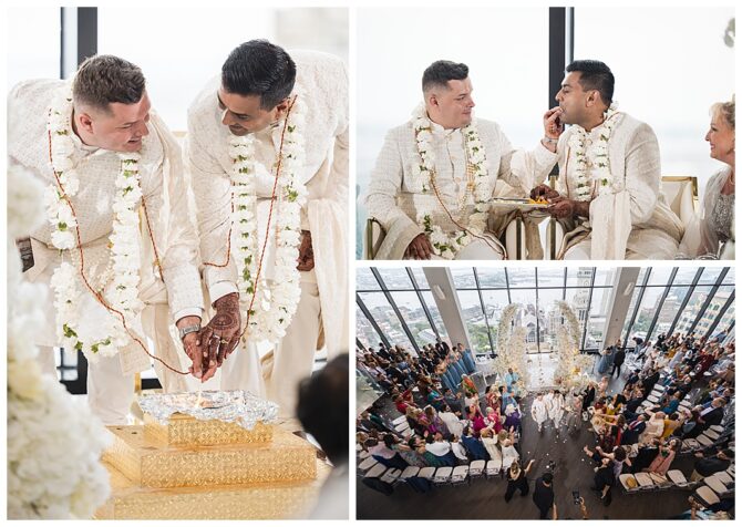 Cultural wedding ceremony with two grooms, colorful celebration.