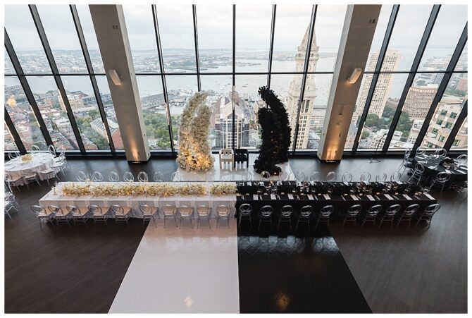 Elegant wedding setup with city view skyline.