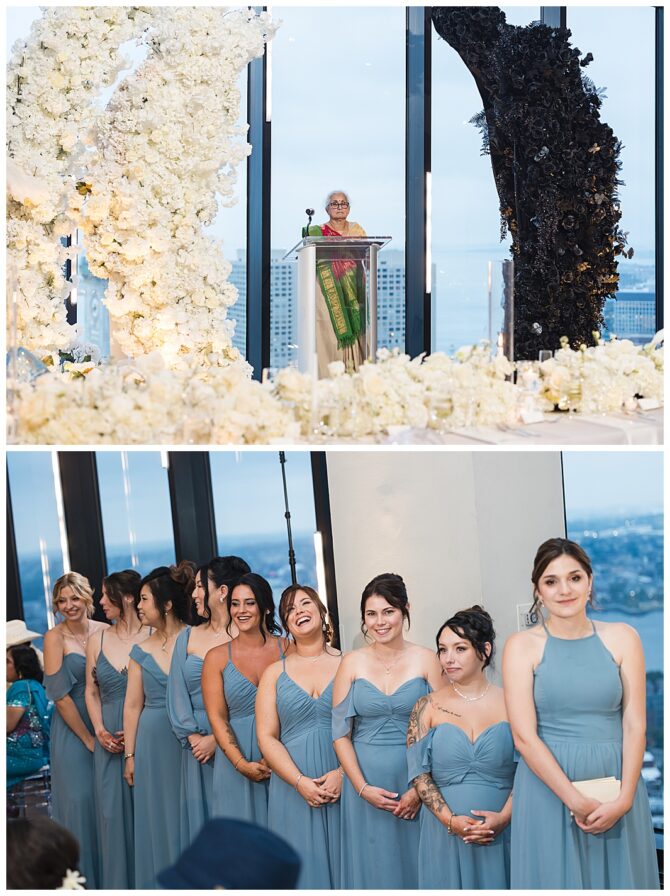 Wedding ceremony with floral arch and bridal party.
