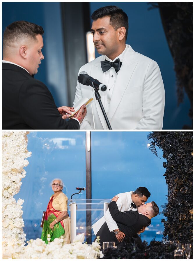 Same-sex couple exchanging vows and sharing a kiss.