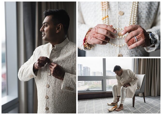 Man in traditional attire preparing for wedding ceremony.
