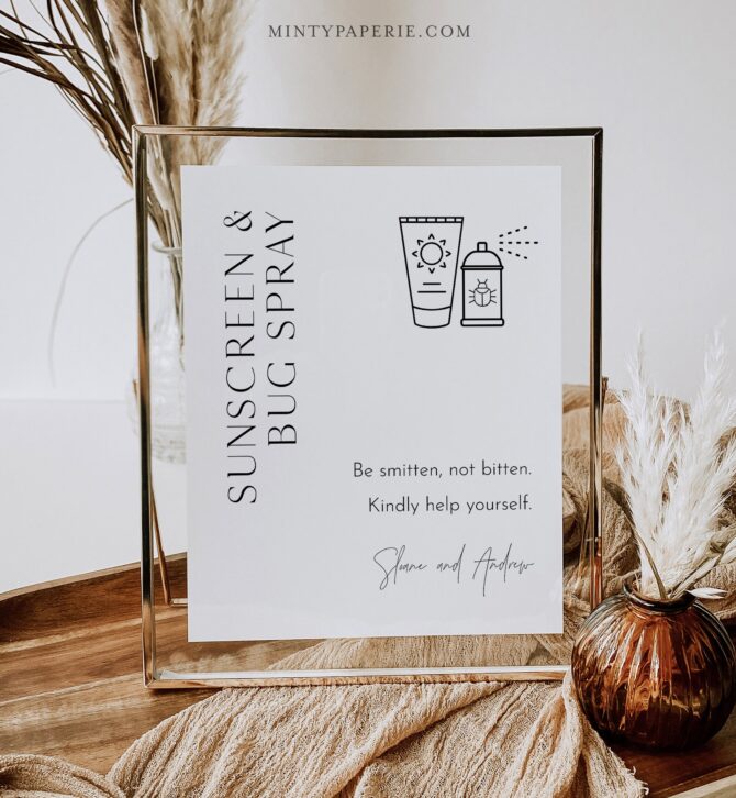 Sunscreen and bug spray sign on table.